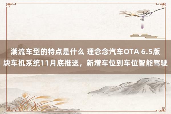 潮流车型的特点是什么 理念念汽车OTA 6.5版块车机系统11月底推送，新增车位到车位智能驾驶